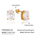 Detail view of oval zircon stud earrings with dimensions and stainless steel specs - Oval Style (YYE026011-B) / Gold