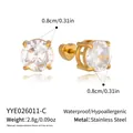 Detail of 8mm gold stainless steel stud earrings with clear sparkling cubic zirconia. - Round Style (YYE026011-C) / Gold