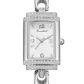 Primo piano del quadrante dell'orologio rettangolare argento da donna con accenti di strass. - Cassa Argento/Quadrante Madreperla Bianca