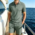 Close-up detail of premium grey mesh ice silk polo shirt and matching shorts set for men - 3XL / Top And Bottom / Army Green