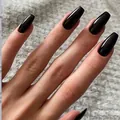 Uñas postizas profesionales negras brillantes con forma de ataúd para mujer de largo medio - Ataúd Medio Largo (CDJ-A4-155LY) / Juego de 24 (Incluye Pegamento De Gelatina + Lima) / Negro