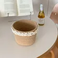 Vintage round hand-woven jute storage basket with delicate white lace trim accent - Cotton Cord Basket Tall