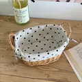 Handmade vintage woven storage basket with polka dot fabric liner for desktop organization - Black White Polka Dot