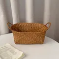 Retro woven straw storage basket for desktop organization and sundries storage - Caramel Large
