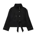 Black double-breasted short trench coat with waist tie and gold buttons for women. - S / Tops / Black