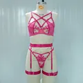 Set lingerie in rete rosa con ricamo a farfalla, reggiseno a fasce e reggicalze coordinato - S / Top E Pantaloni / Rosa Rossa