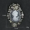 Vintage cameo brooch with rhinestone floral frame, 5.3x3.7cm elegant accessory for women - Lady Portrait Style (XD7362 Antique Silver)