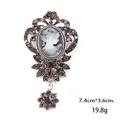 Vintage silver-tone cameo brooch with black rhinestones and female profile, 7.4x3.6cm. - Flower Pendant Style (XD7359 Antique Silver)