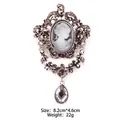 Vintage style cameo brooch with rhinestones and grey crystal pendant, size 8.2x4.6cm. - Teardrop Pendant Style (XD7361 Antique Silver)
