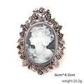 Elegant vintage cameo brooch featuring woman silhouette and rhinestone rose frame - Rose Border Silver Style (XD7358-2 Antique Silver)