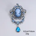 Elegant vintage blue cameo brooch with silver-toned filigree and rhinestones, 8.2cm - Blue Cameo Antique Silver Base Style (XD7361-4)
