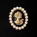 Vintage gold-plated cameo brooch featuring elegant pearls and black oval design - Gold Lady Portrait Style (XD8286-1)