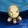 Antique gold-plated cameo lady portrait brooch with elegant pink pearl dangles - Pink Pearl Pendant Style (XD824151)