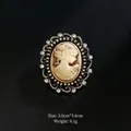 Vintage cameo brooch with rhinestone beauty head profile on black background - Beige Portrait Hollow Lace Style (XD7383-4)
