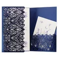 Elegant navy blue laser-cut gatefold wedding invitation with intricate floral lace design - Deep Blue