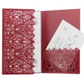 Elegant red laser-cut wedding invitation card with intricate hollow floral design - Dark Red