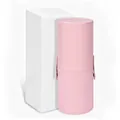 Elegant pink leather makeup brush holder cylinder with a protective lid and side buckles - Full Bucket With Cardboard Box / Pink