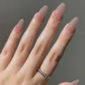 Elegant long almond-shaped glossy press-on nails in a translucent nude pink finish. - Almond Shape / Glossy Nude Pink (CDJ-20-1#1)