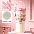 710ml Van Gogh flower sea insulated coffee tumbler with ceramic liner and portable handle - Pink - Van Gogh - Ceramic Inner Liner / 700ml