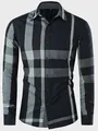 Chemise professionnelle à manches longues pour hommes en coton avec motif à carreaux noir et gris - S / Bleu marine