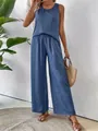 Elegant blauw tweedelig linnen setje met mouwloze top en wijde broek voor dames - S / Boven- En Onderstuk / Blauw