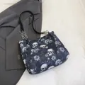 Gothic style skull and floral print large capacity tote bag featuring silver chain straps - Blue