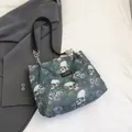 Fashionable skull and floral print tote bag with large capacity and chain straps - Green