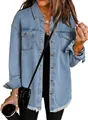 Detailed view of women's washed denim shirt jacket featuring an individual raw hem edge - Denim Blue / S