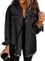 Close-up of black washed denim shirt jacket featuring a trendy frayed hem design - Black / S