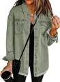 Detailed view of women's olive green washed denim shirt jacket with unique frayed hem design - Olive Green / S