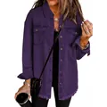 Casual vintage purple washed denim shirt jacket for women with stylish frayed hem detail - New Dark Purple / S