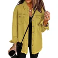 Women's stylish yellow washed denim shirt jacket with frayed hem for autumn and winter. - Added Turmeric / S