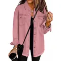 Women's oversized pink washed denim shirt jacket with frayed hem in street style - New Skin Powder / S