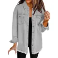 Casual light grey washed denim shirt jacket for women featuring a stylish frayed hem. - New Light Gray / S