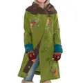 Elegant women's mid-length green coat featuring vintage floral prints and a cozy wide collar - S / Tops / Green