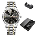 Men's dual calendar quartz watch with steel strap, includes adjuster and gift box - Men's + Gift Box / GD288 Black Dial