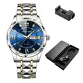 Elegant men's dual calendar quartz watch featuring blue dial and two-tone steel link band - Men's + Gift Box / GD288 Blue Dial