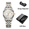Elegant two-tone stainless steel quartz watch with date window includes free gift box - Women's + Gift Box / GD288 White Dial