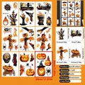 Stickers électrostatiques Halloween pour fenêtres lot de 9 feuilles avec 44 pièces déco - Ensemble Citrouille et Château d'Halloween (W07) / 20x30cm (Lot de 9 Feuilles)