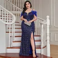 Elegant plus size navy blue evening gown with feather shoulders and high slit - 3XL / Sapphire Blue