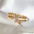 Elegant gold plated open adjustable ring set with sparkling square zircon pendant - Adjustable Open / Stacked Pendant (JZ056)