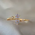 Elegant gold open ring featuring purple zircon flowers and clear accents on satin. - Adjustable Open / Purple Double Flower (JZ058)