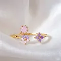 Elegant gold adjustable open ring featuring pink and purple zircon flowers on silk - Adjustable Open / Pink Purple Zirconia Flower Cluster (JZ034)