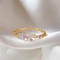 Elegant gold plated adjustable ring featuring purple flower and zircon butterfly motifs - Adjustable Open / Purple Flower Butterfly (JZ032)