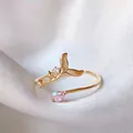 Elegant adjustable gold mermaid tail open ring with pink teardrop stone and zircons - Adjustable Open / Iridescent Pink Stone Fish Tail (JZ045)