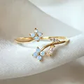 Elegant adjustable gold ring with light blue opal flowers and zircon leaves - Adjustable Open / Blue Opal Flower Leaf (JZ067)