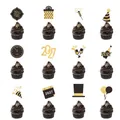 Dimensiones detalladas de 12 estilos de adornos para cupcakes de Año Nuevo 2027 en negro y oro. - Adornos Pequeños para Cupcakes Año Nuevo 2027 (Juego de 12)