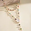 Gold-tone layered necklace with colorful stones and white flower charm - Multicolor Floral (Double Layered) / Gold