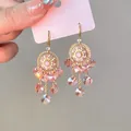 Vintage French style gold drop earrings with pink crystal tassels and intricate details. - 44# Ear Hook - Gold - Pink