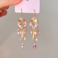 Elegant French vintage crystal tassel drop earrings in a stunning pink finish - 45# Ear Hook - Gold - Pink